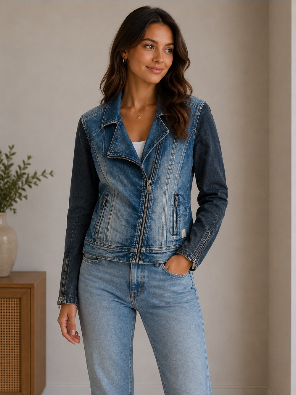 NWT Silver Jeans Denim Assymetrical Zip Two Tone Moto Jean Jacket Womens S
